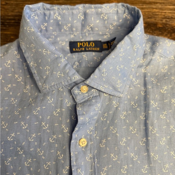 Polo by Ralph Lauren Blue Anchor Print Men's Linen Shirt - Picture 1 of 3